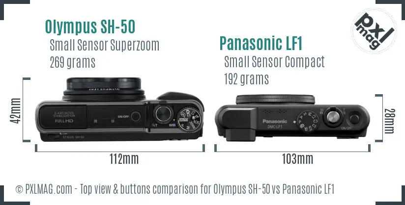 Olympus SH-50 vs Panasonic LF1 top view buttons comparison