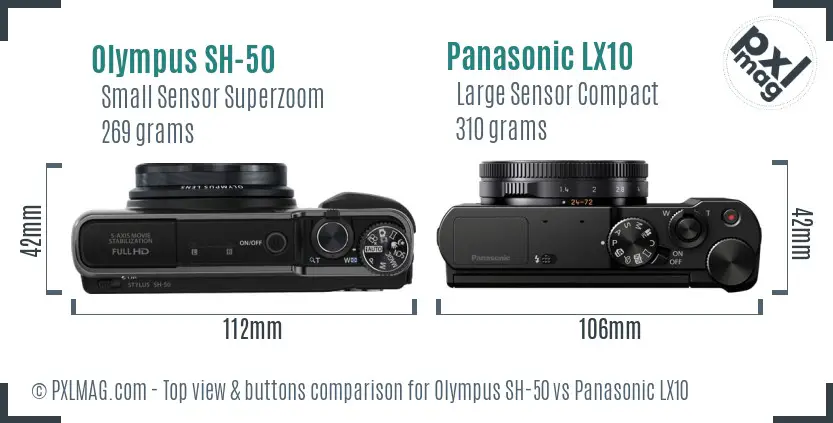 Olympus SH-50 vs Panasonic LX10 top view buttons comparison