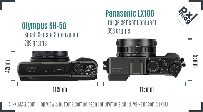 Olympus SH-50 vs Panasonic LX100 top view buttons comparison