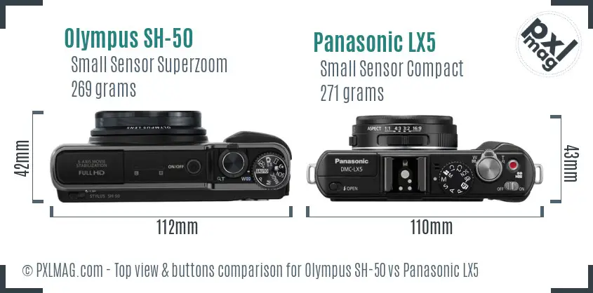 Olympus SH-50 vs Panasonic LX5 top view buttons comparison