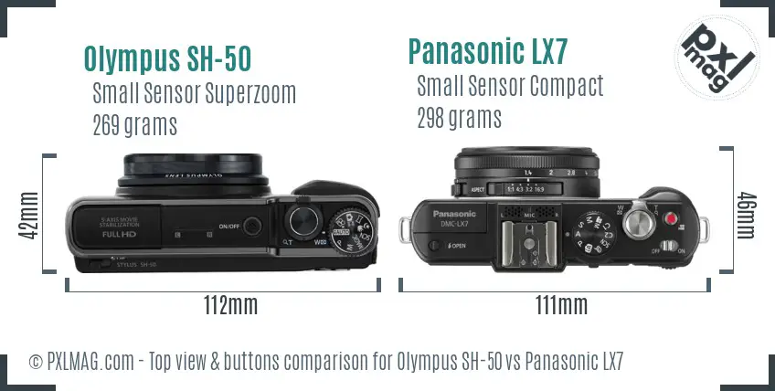 Olympus SH-50 vs Panasonic LX7 top view buttons comparison