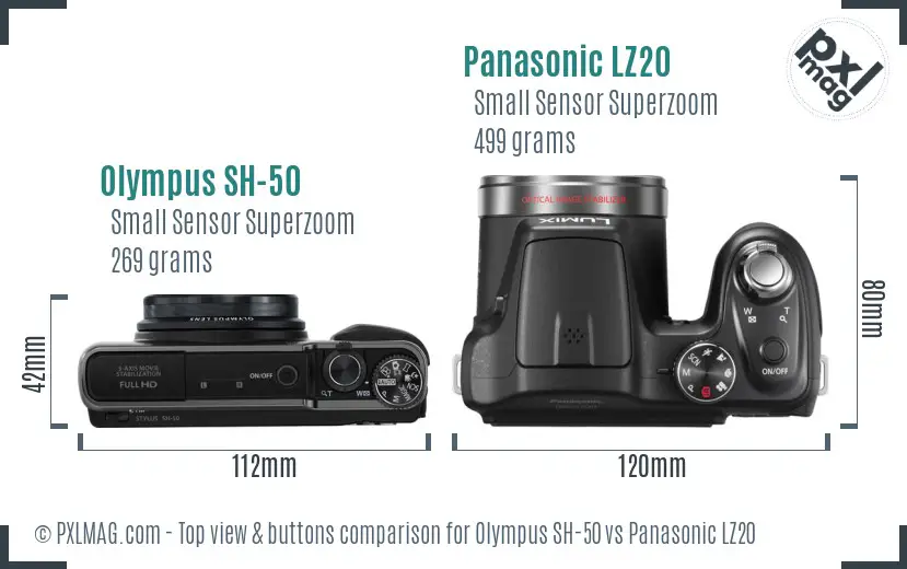 Olympus SH-50 vs Panasonic LZ20 top view buttons comparison