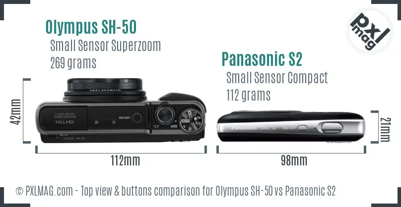 Olympus SH-50 vs Panasonic S2 top view buttons comparison
