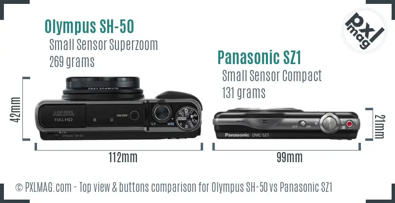 Olympus SH-50 vs Panasonic SZ1 top view buttons comparison