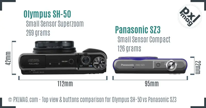 Olympus SH-50 vs Panasonic SZ3 top view buttons comparison