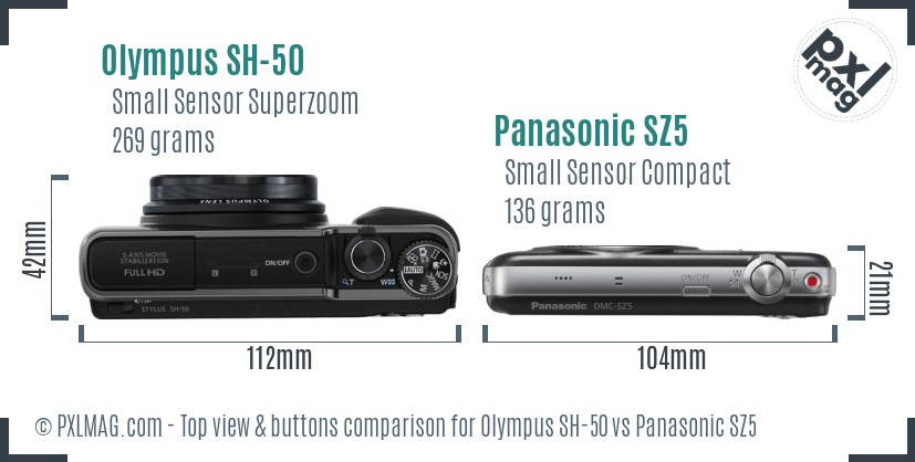 Olympus SH-50 vs Panasonic SZ5 top view buttons comparison