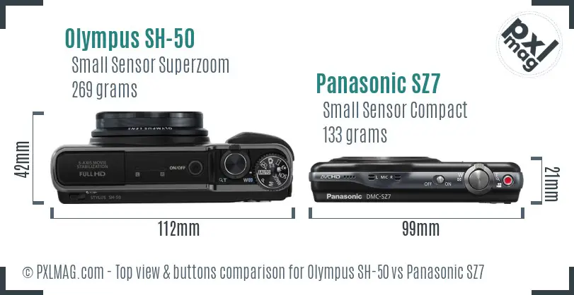 Olympus SH-50 vs Panasonic SZ7 top view buttons comparison