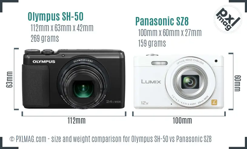 Olympus SH-50 vs Panasonic SZ8 size comparison