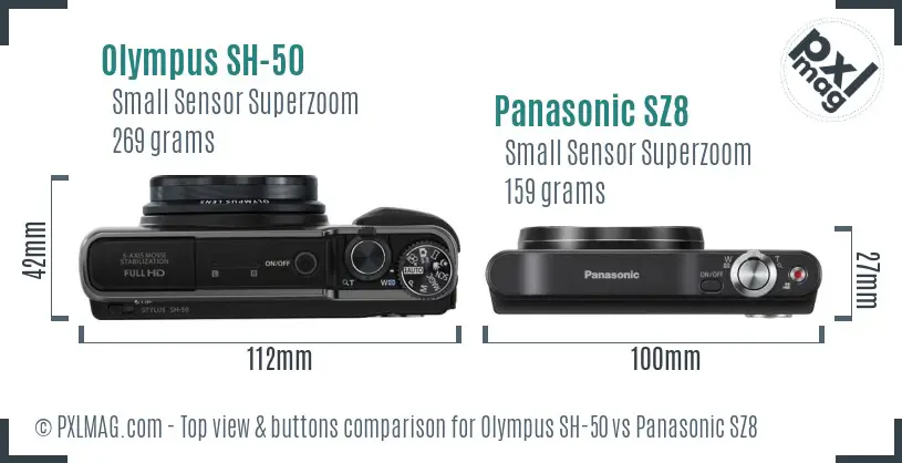Olympus SH-50 vs Panasonic SZ8 top view buttons comparison