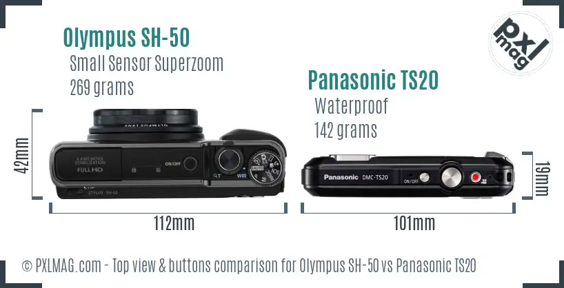 Olympus SH-50 vs Panasonic TS20 top view buttons comparison