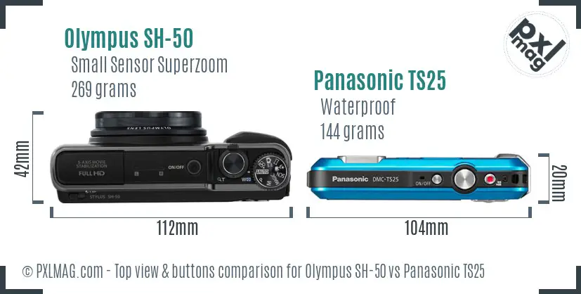Olympus SH-50 vs Panasonic TS25 top view buttons comparison