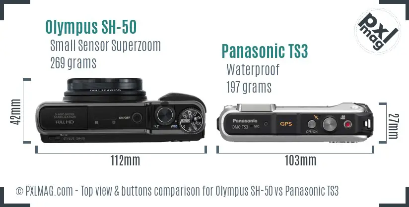 Olympus SH-50 vs Panasonic TS3 top view buttons comparison