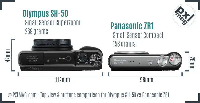 Olympus SH-50 vs Panasonic ZR1 top view buttons comparison