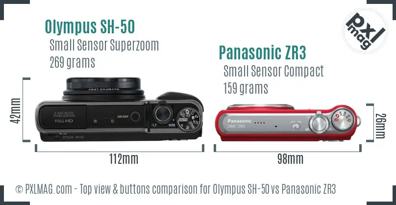 Olympus SH-50 vs Panasonic ZR3 top view buttons comparison