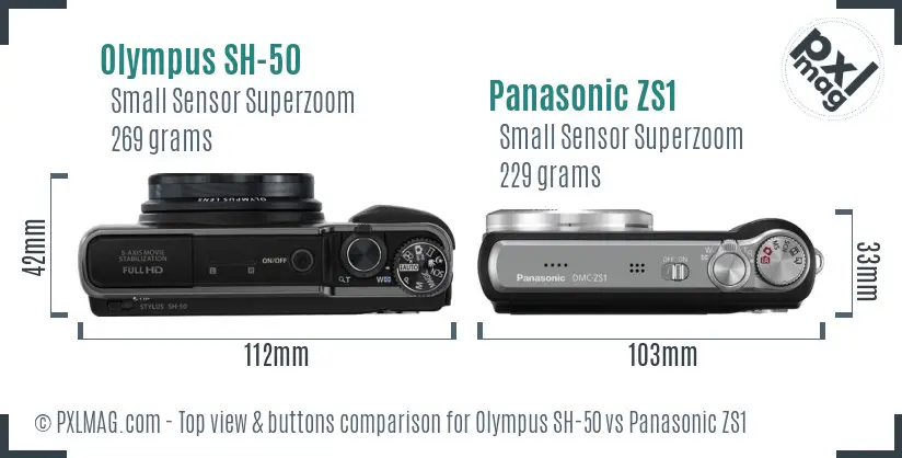 Olympus SH-50 vs Panasonic ZS1 top view buttons comparison