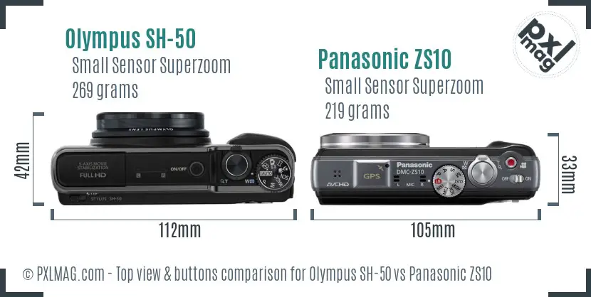 Olympus SH-50 vs Panasonic ZS10 top view buttons comparison