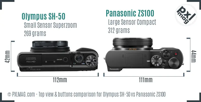 Olympus SH-50 vs Panasonic ZS100 top view buttons comparison