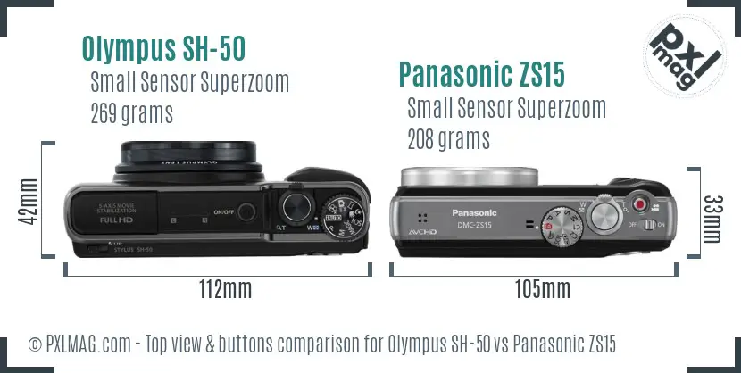 Olympus SH-50 vs Panasonic ZS15 top view buttons comparison