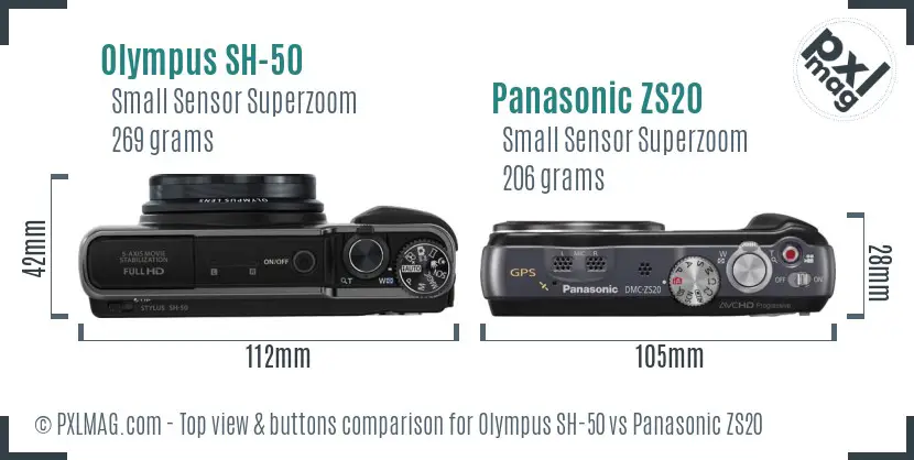 Olympus SH-50 vs Panasonic ZS20 top view buttons comparison
