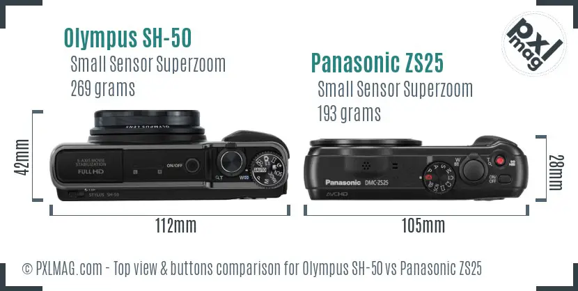 Olympus SH-50 vs Panasonic ZS25 top view buttons comparison