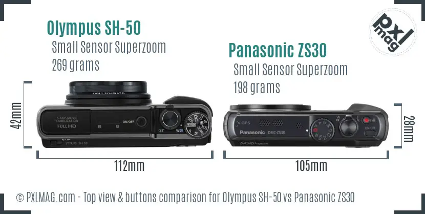 Olympus SH-50 vs Panasonic ZS30 top view buttons comparison