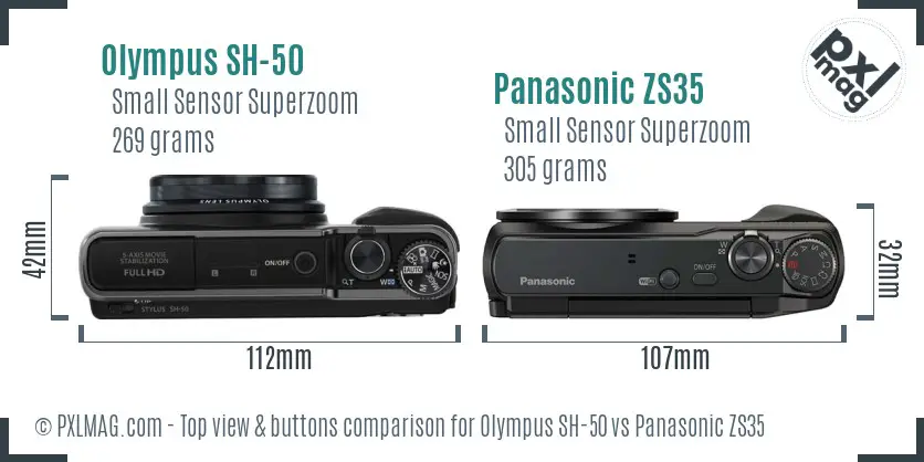 Olympus SH-50 vs Panasonic ZS35 top view buttons comparison