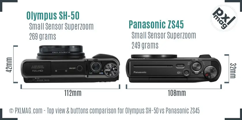 Olympus SH-50 vs Panasonic ZS45 top view buttons comparison