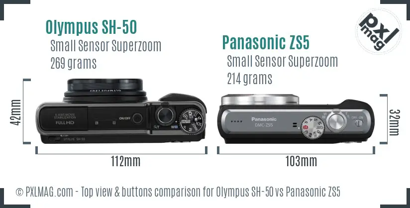 Olympus SH-50 vs Panasonic ZS5 top view buttons comparison