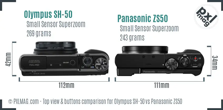 Olympus SH-50 vs Panasonic ZS50 top view buttons comparison