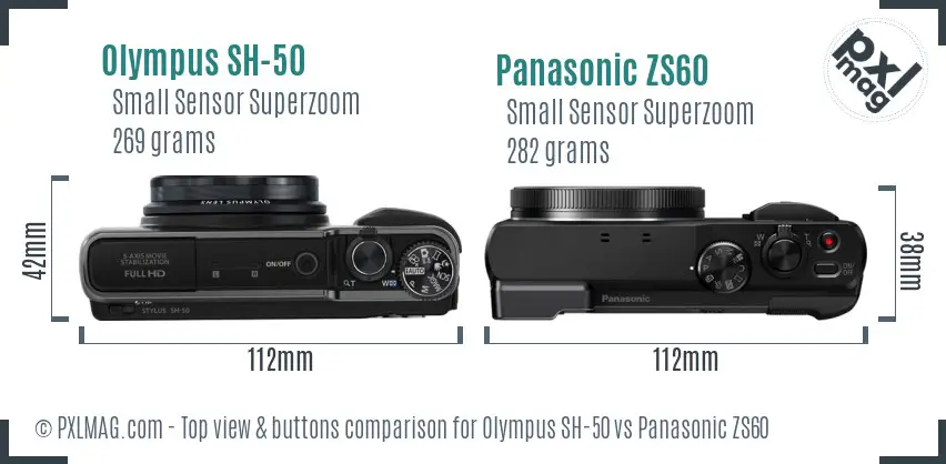 Olympus SH-50 vs Panasonic ZS60 top view buttons comparison
