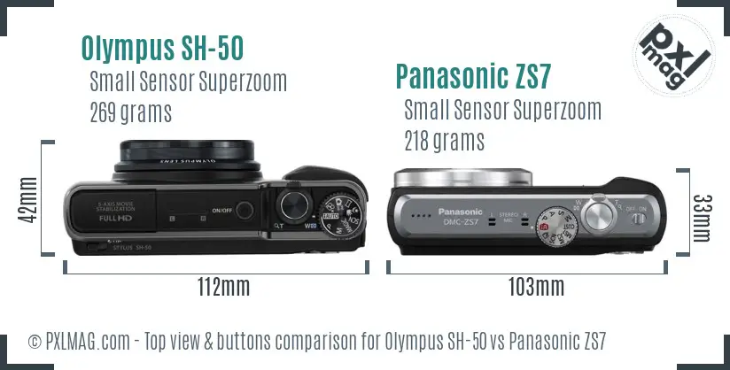 Olympus SH-50 vs Panasonic ZS7 top view buttons comparison