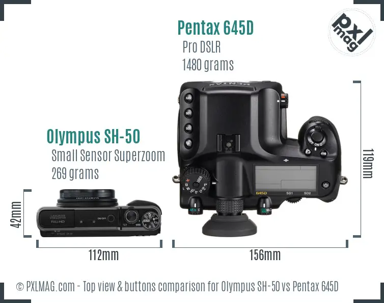 Olympus SH-50 vs Pentax 645D top view buttons comparison