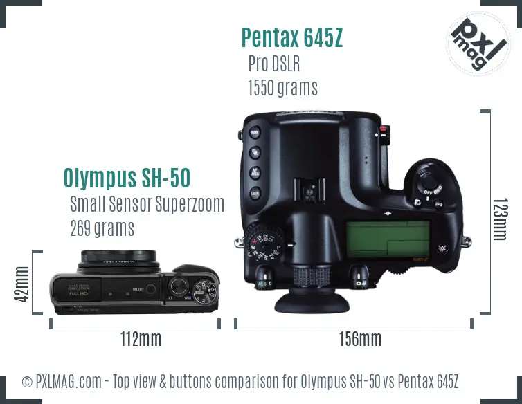 Olympus SH-50 vs Pentax 645Z top view buttons comparison