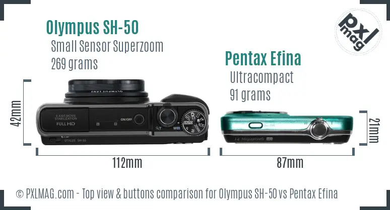 Olympus SH-50 vs Pentax Efina top view buttons comparison