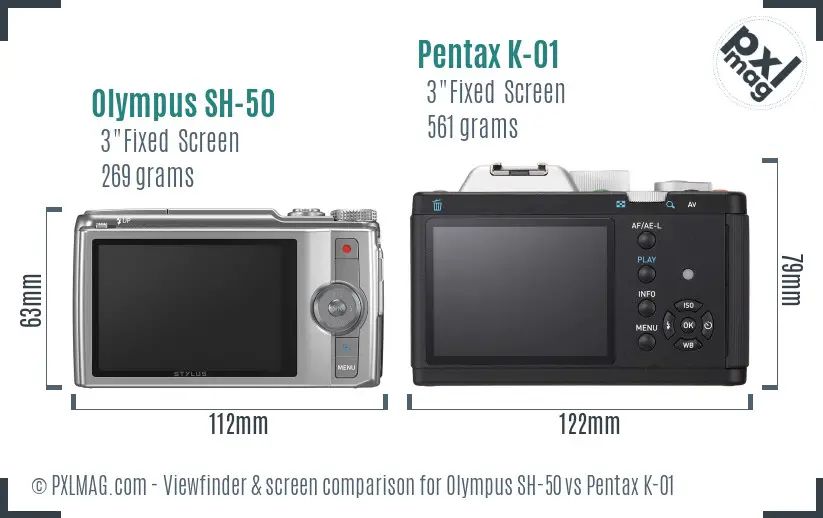 Olympus SH-50 vs Pentax K-01 Screen and Viewfinder comparison