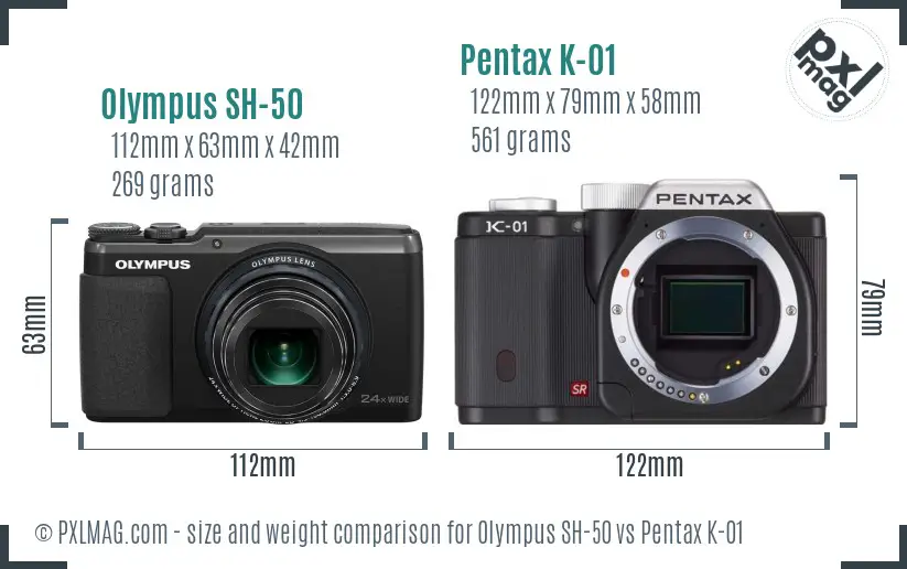 Olympus SH-50 vs Pentax K-01 size comparison