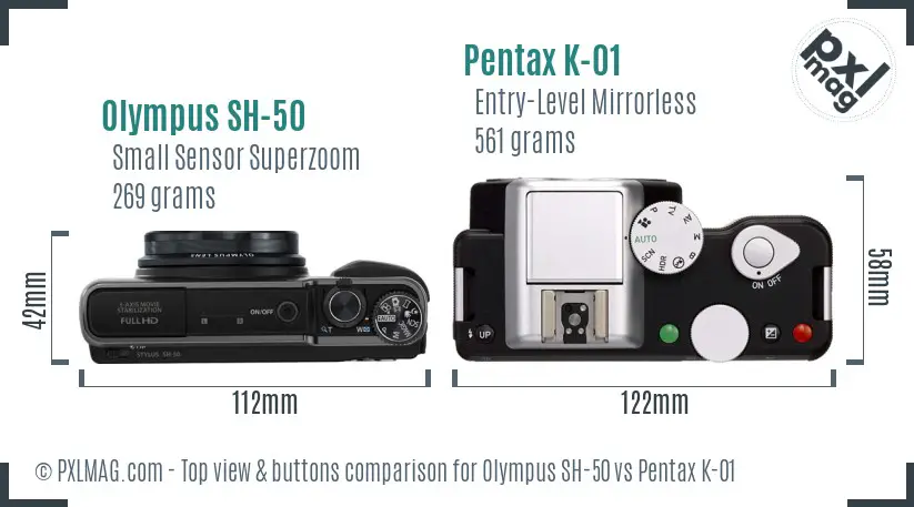 Olympus SH-50 vs Pentax K-01 top view buttons comparison