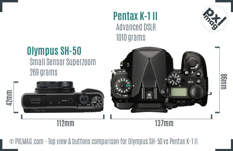 Olympus SH-50 vs Pentax K-1 II top view buttons comparison