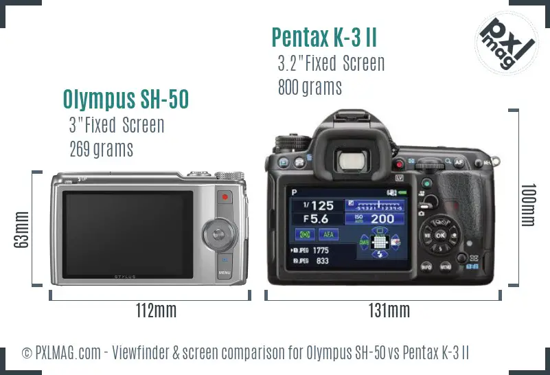 Olympus SH-50 vs Pentax K-3 II Screen and Viewfinder comparison