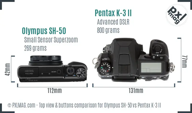 Olympus SH-50 vs Pentax K-3 II top view buttons comparison
