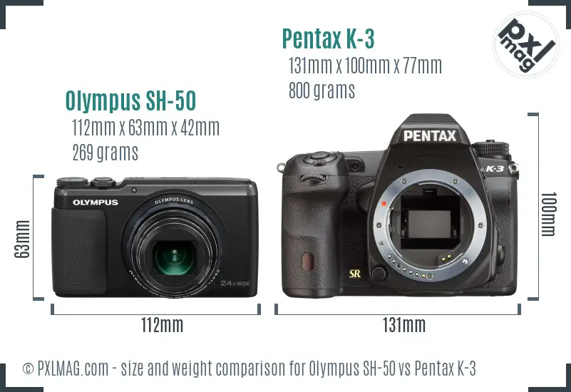 Olympus SH-50 vs Pentax K-3 size comparison