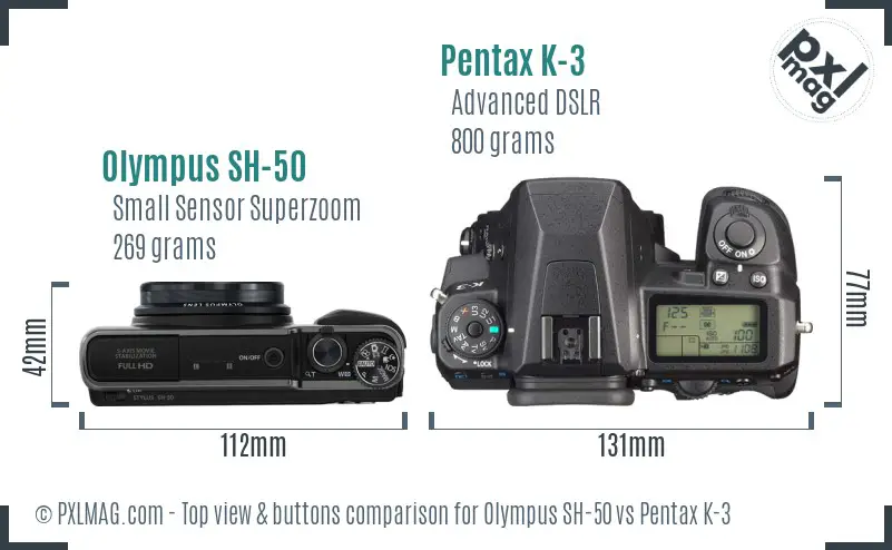 Olympus SH-50 vs Pentax K-3 top view buttons comparison