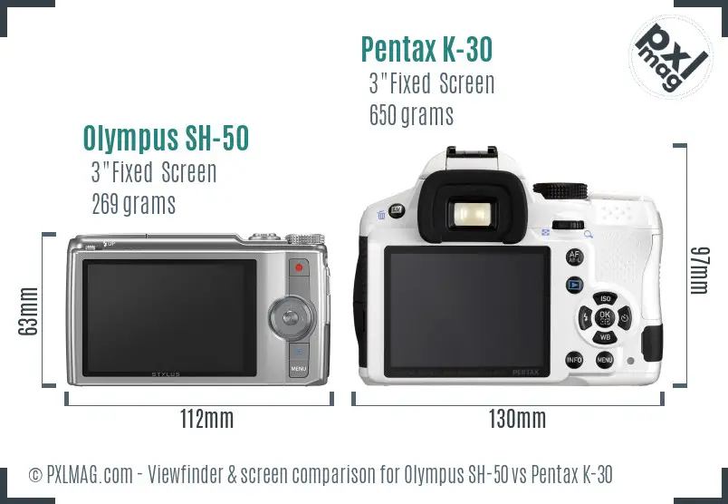 Olympus SH-50 vs Pentax K-30 Screen and Viewfinder comparison