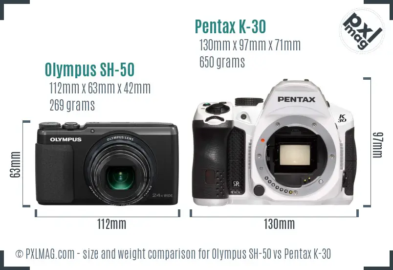 Olympus SH-50 vs Pentax K-30 size comparison