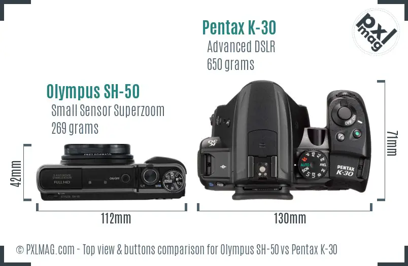 Olympus SH-50 vs Pentax K-30 top view buttons comparison