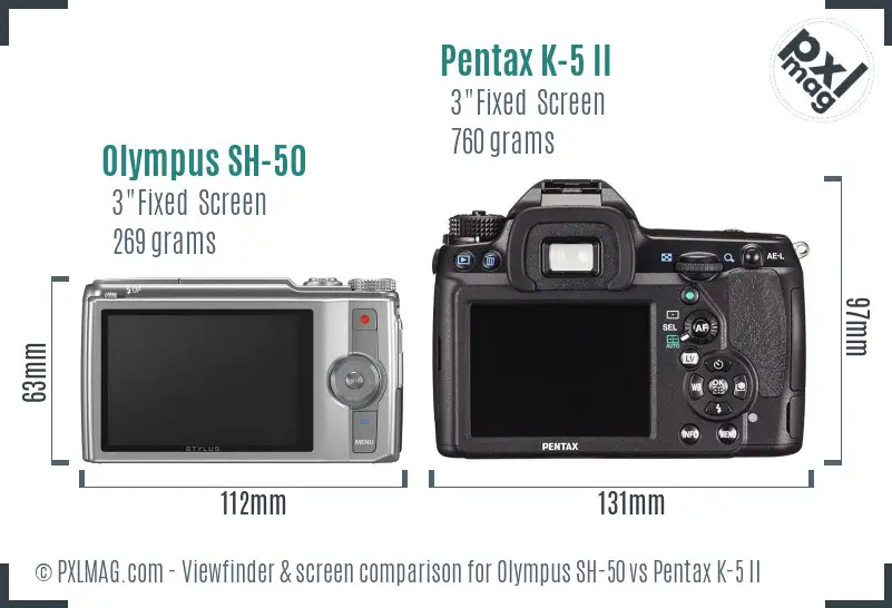 Olympus SH-50 vs Pentax K-5 II Screen and Viewfinder comparison