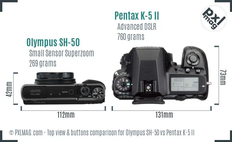 Olympus SH-50 vs Pentax K-5 II top view buttons comparison