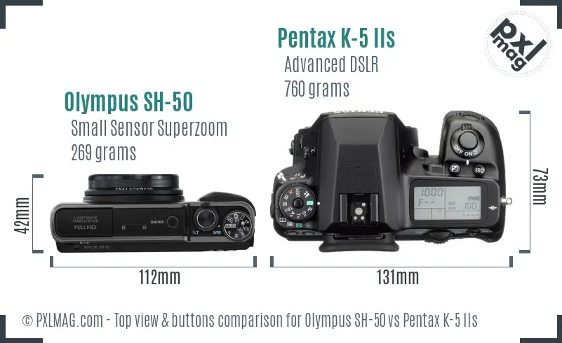 Olympus SH-50 vs Pentax K-5 IIs top view buttons comparison