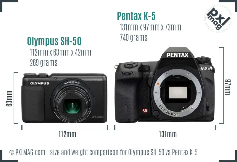 Olympus SH-50 vs Pentax K-5 size comparison