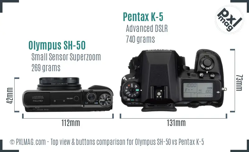Olympus SH-50 vs Pentax K-5 top view buttons comparison